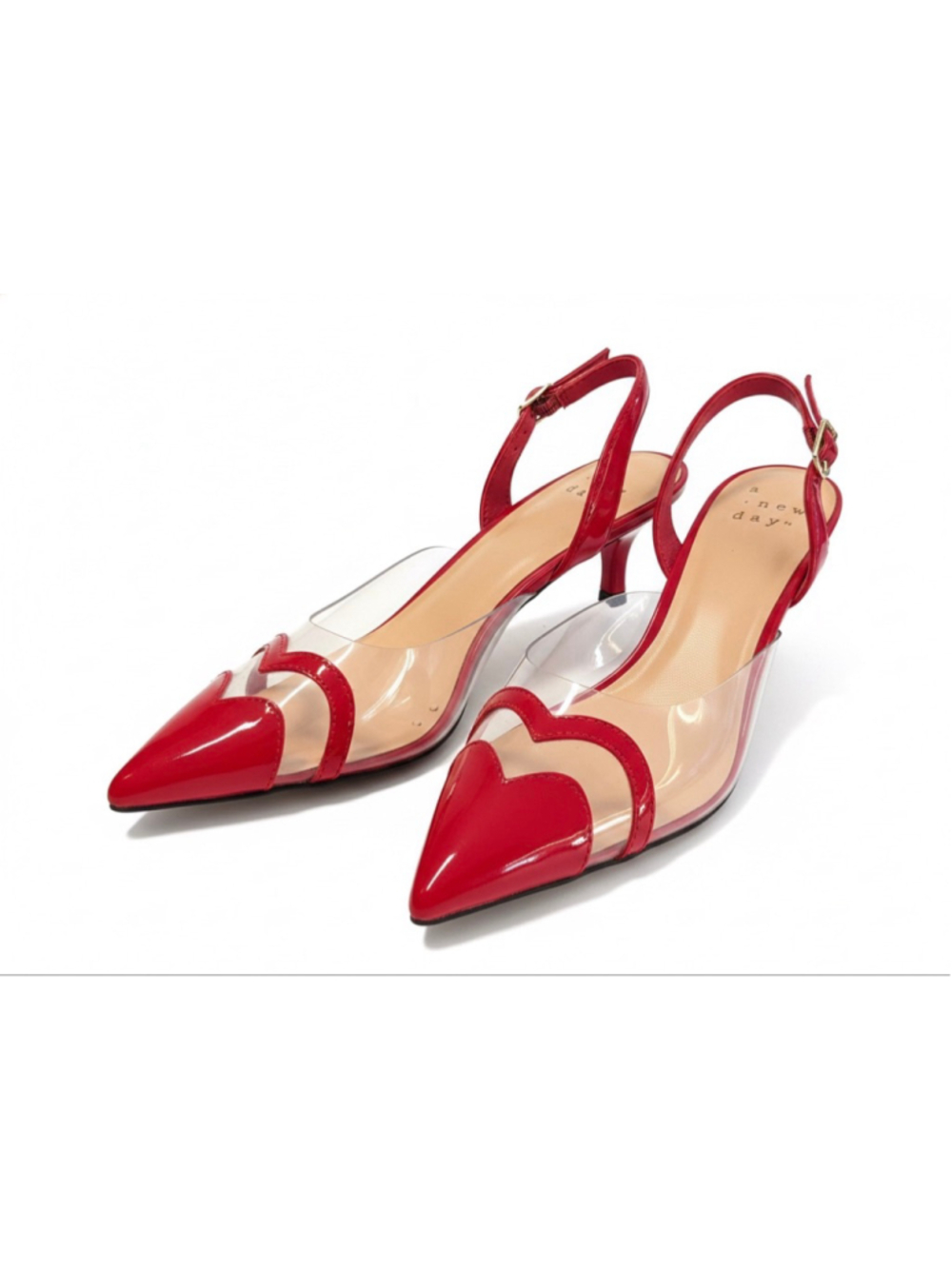 Women's A New Day Red Clear Heart Pointed Toe Slingback Heels Size 8 - Picture 1 of 6